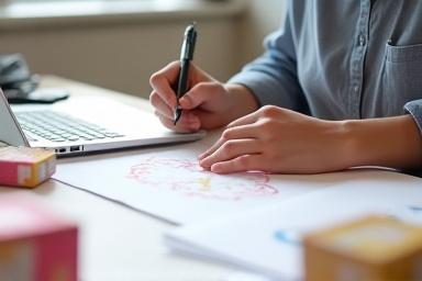 新しい商品のパッケージをデザインしている様子 (Designing packaging for a new product).